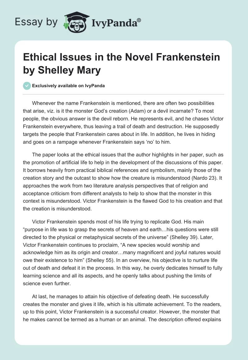 Ethical Issues in the Novel "Frankenstein" by Mary Shelley. Page 1