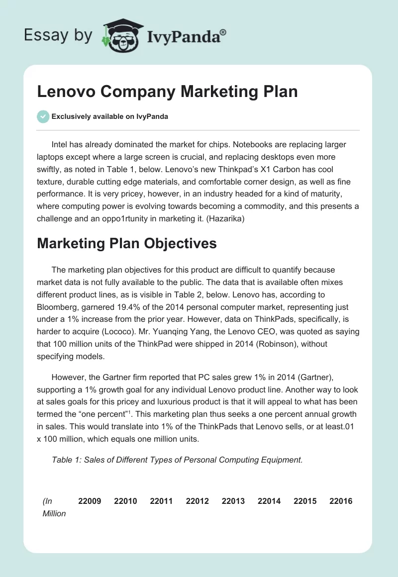 Lenovo Company Marketing Plan. Page 1