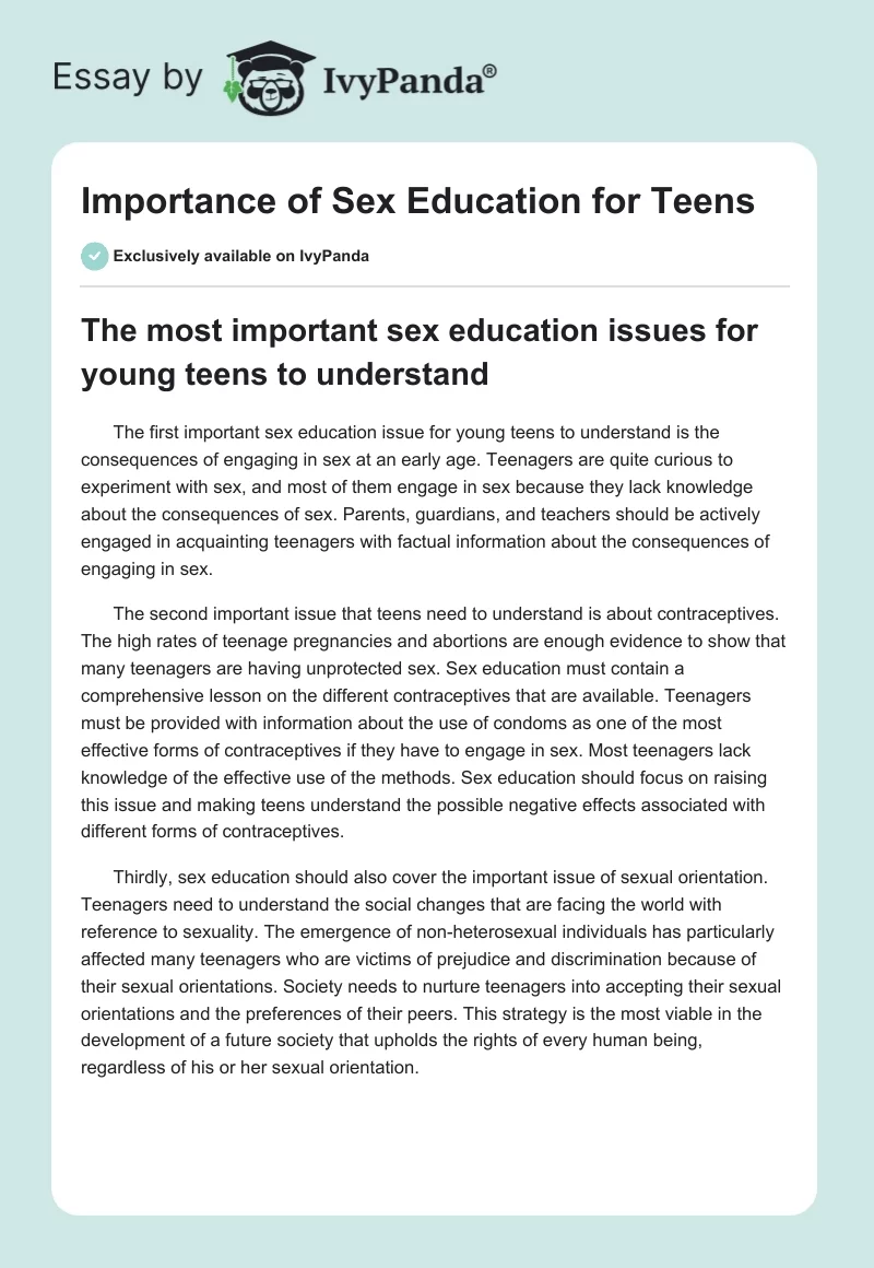 Importance of Sex Education for Teens. Page 1