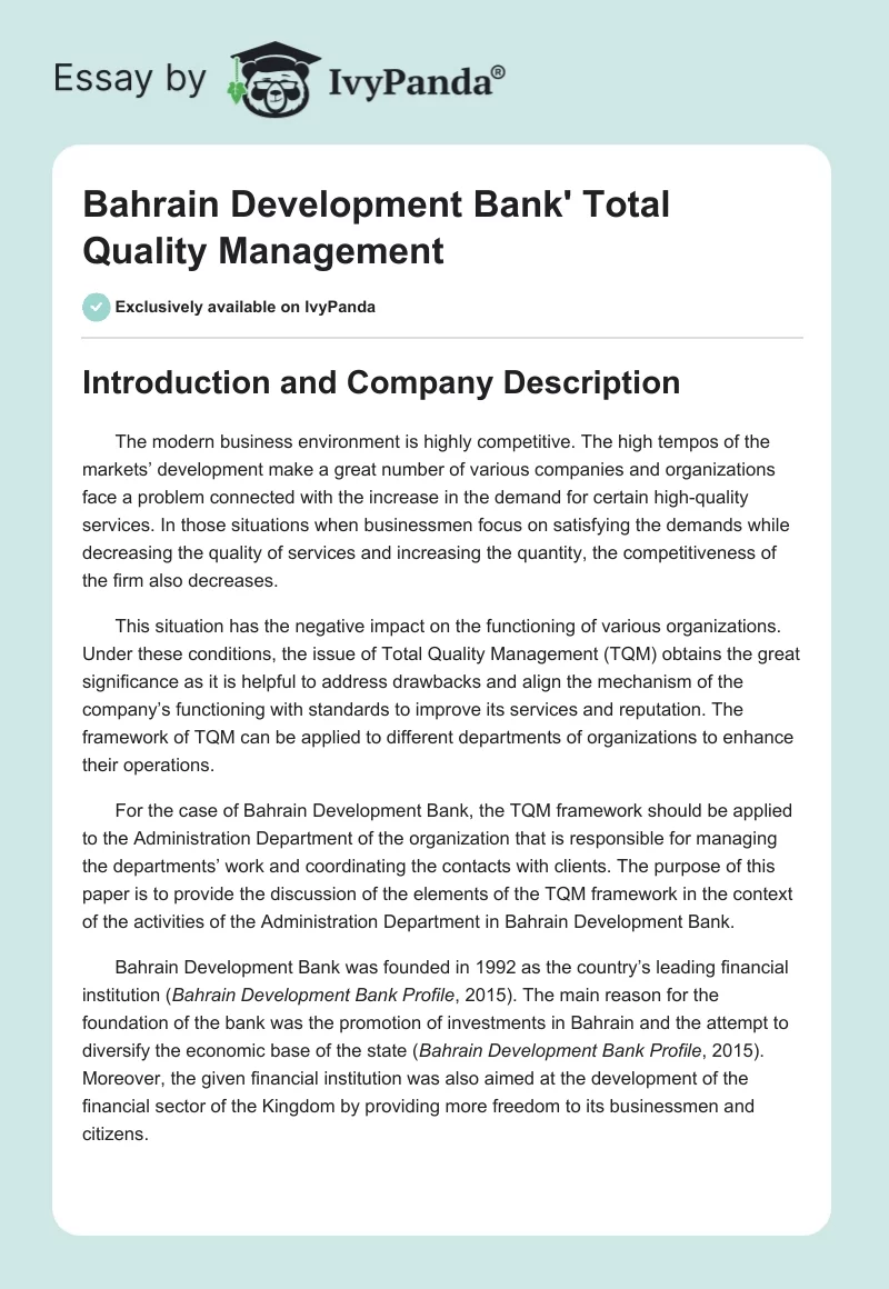 Bahrain Development Bank' Total Quality Management. Page 1