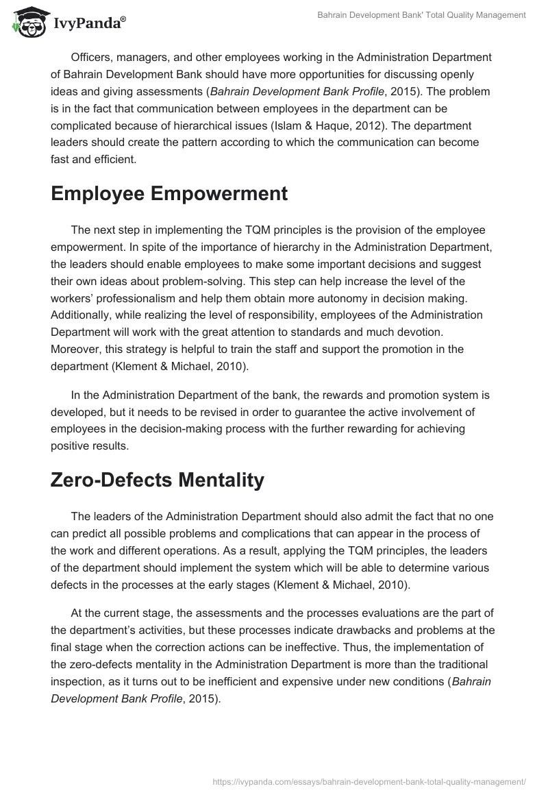 Bahrain Development Bank' Total Quality Management. Page 5