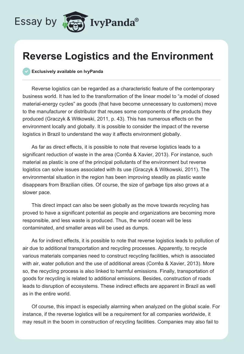 Reverse Logistics and the Environment. Page 1