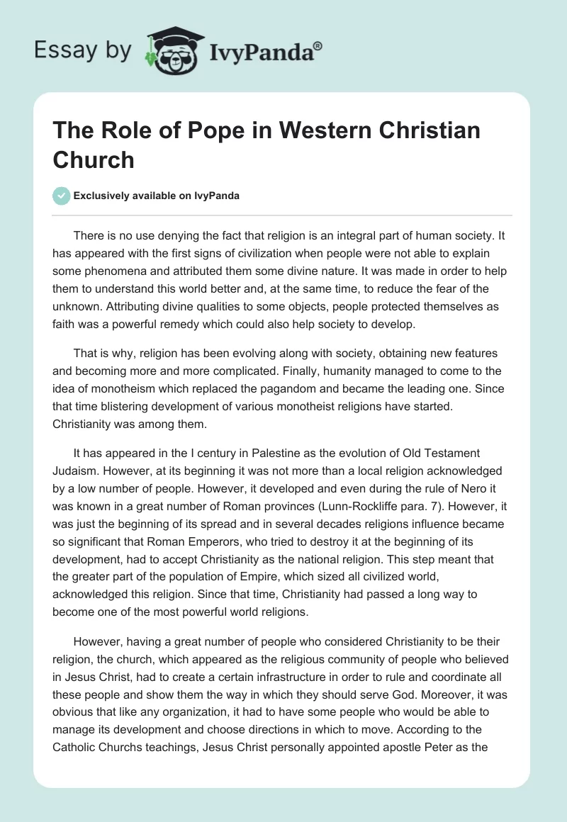 The Role of Pope in Western Christian Church. Page 1