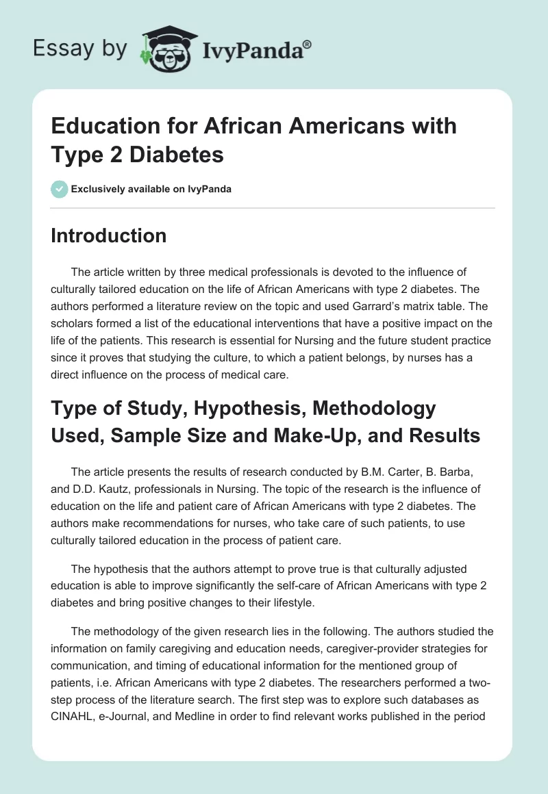 Education for African Americans With Type 2 Diabetes. Page 1