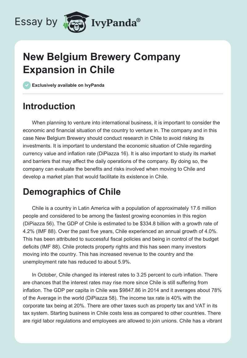 New Belgium Brewery Company Expansion in Chile. Page 1