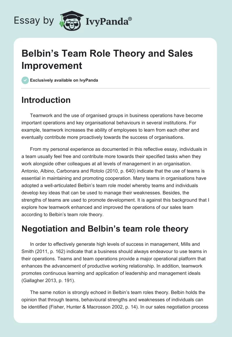 Belbin’s Team Role Theory and Sales Improvement. Page 1