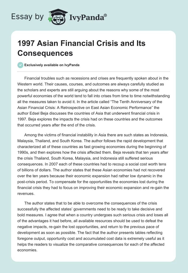1997 Asian Financial Crisis and Its Consequences. Page 1