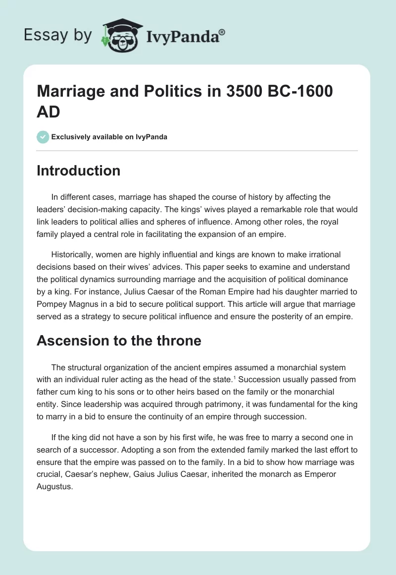 Marriage and Politics in 3500 BC-1600 AD. Page 1