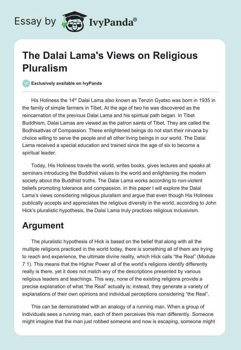 The Dalai Lama's Views on Religious Pluralism. Page 1