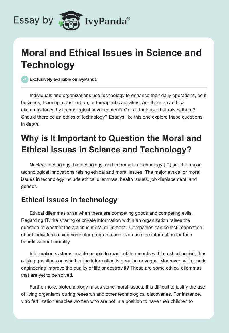 Moral and Ethical Issues in Science and Technology. Page 1