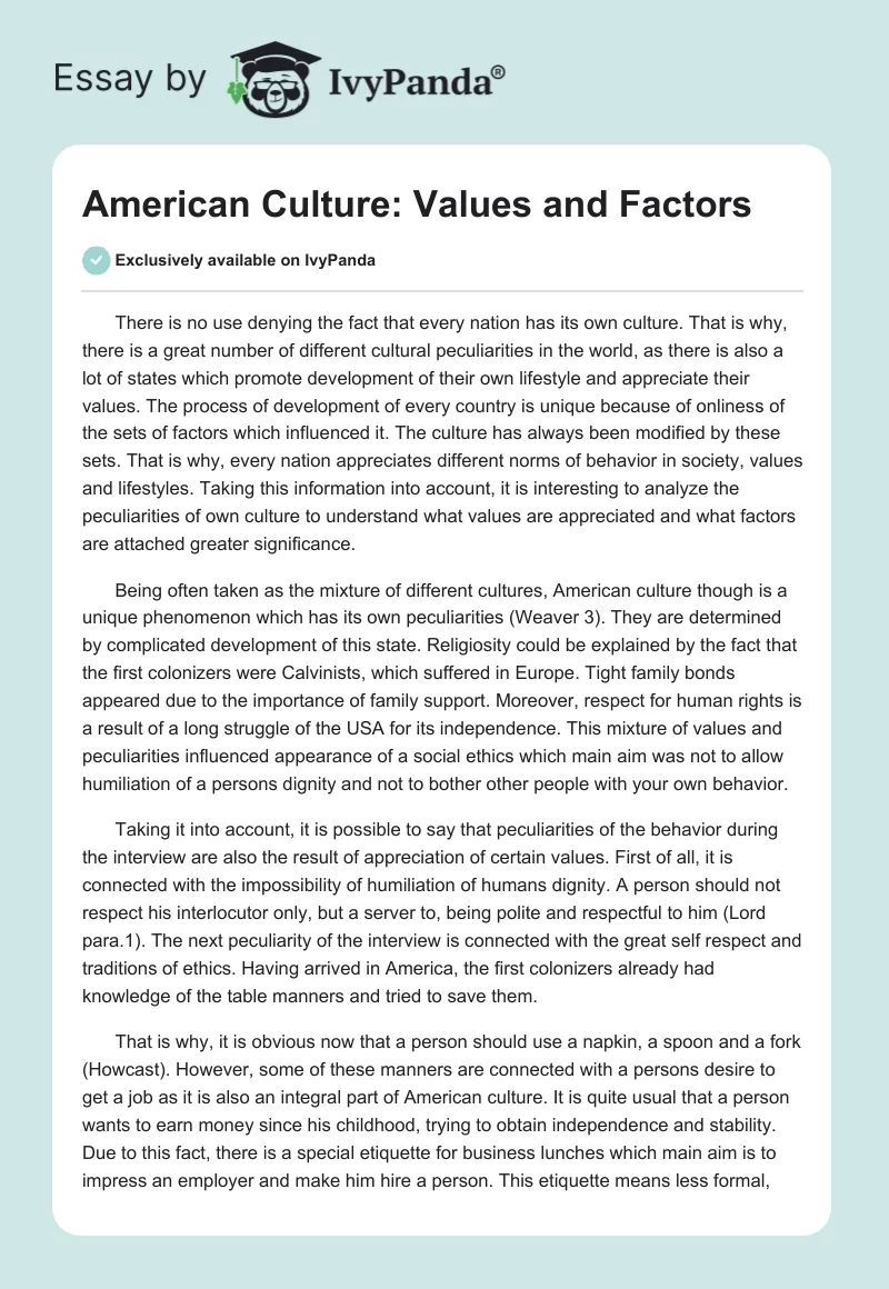 American Culture: Values and Factors. Page 1