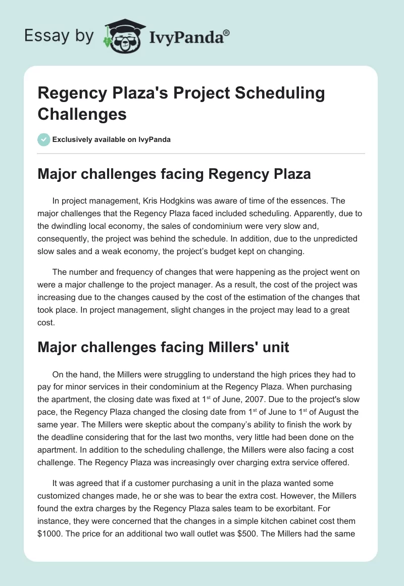 Regency Plaza's Project Scheduling Challenges. Page 1