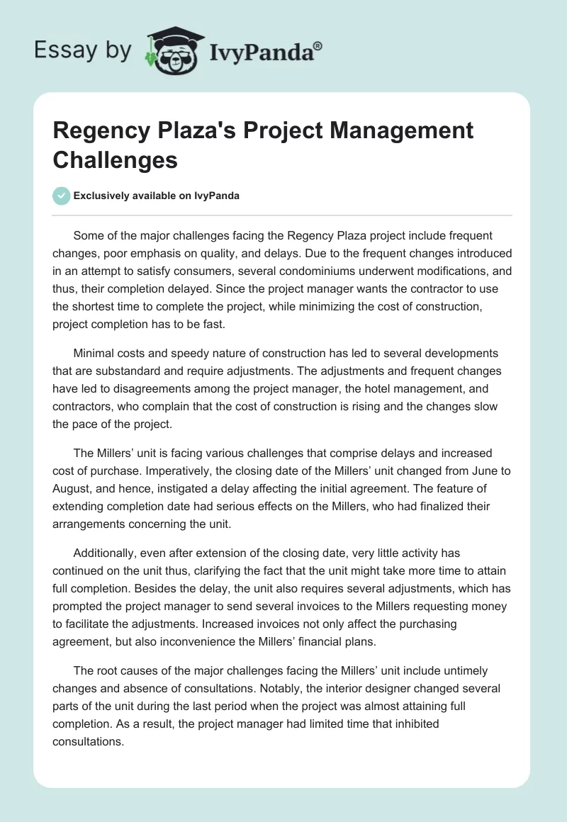 Regency Plaza's Project Management Challenges. Page 1