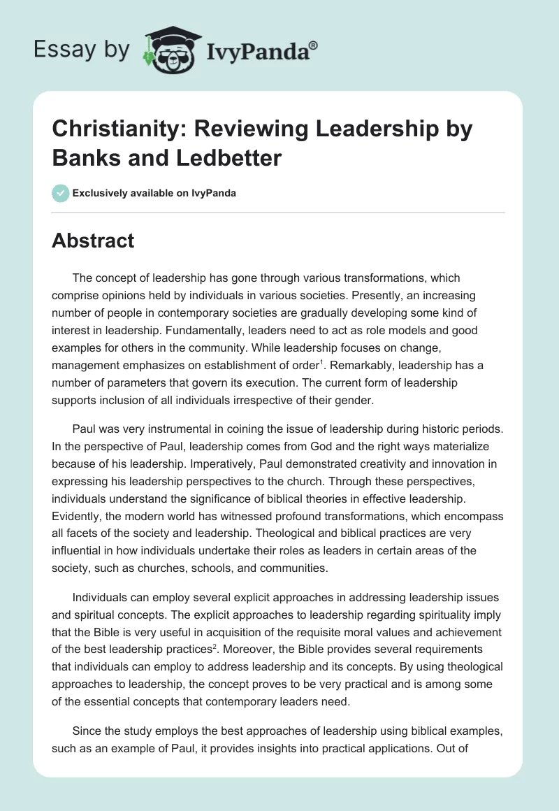 Christianity: Reviewing Leadership by Banks and Ledbetter. Page 1