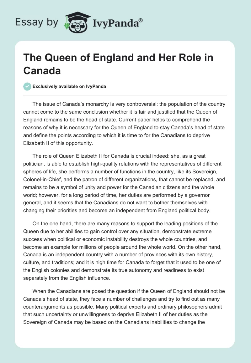 The Queen of England and Her Role in Canada. Page 1