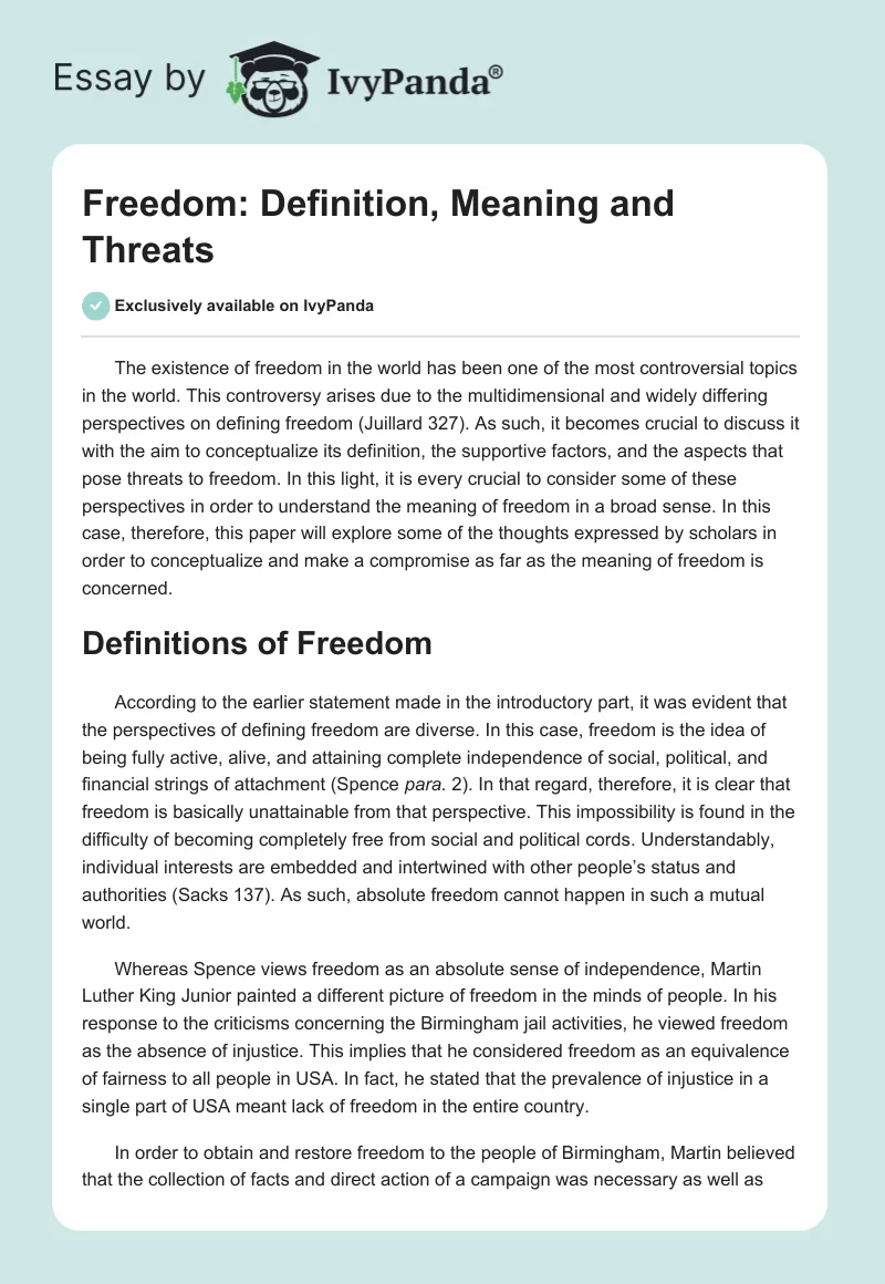 Freedom: Definition, Meaning and Threats. Page 1