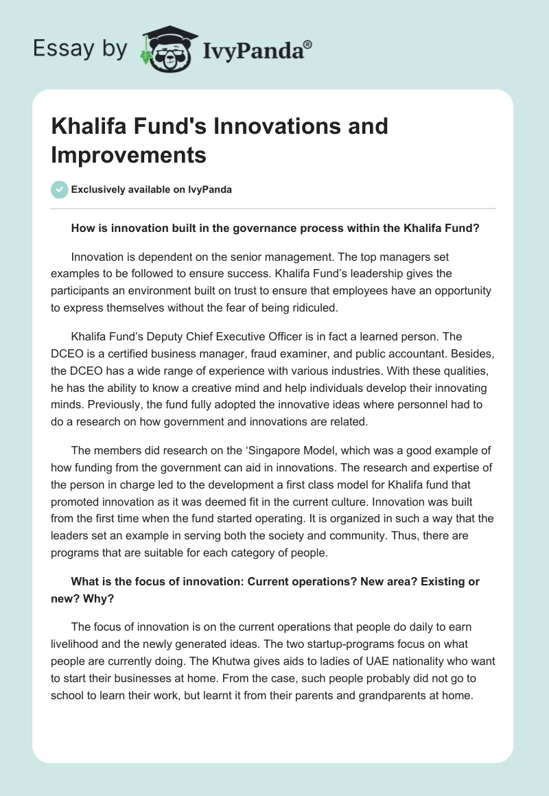 Khalifa Fund's Innovations and Improvements. Page 1