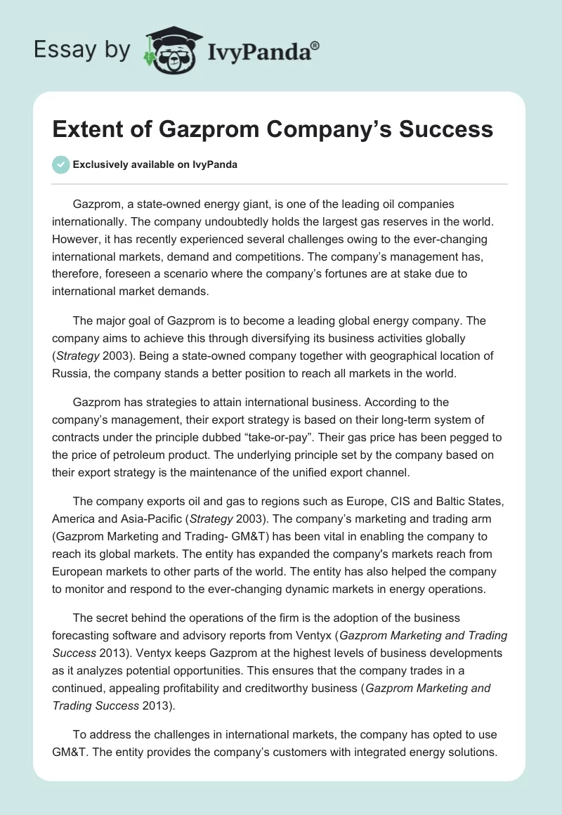 Extent of Gazprom Company’s Success. Page 1