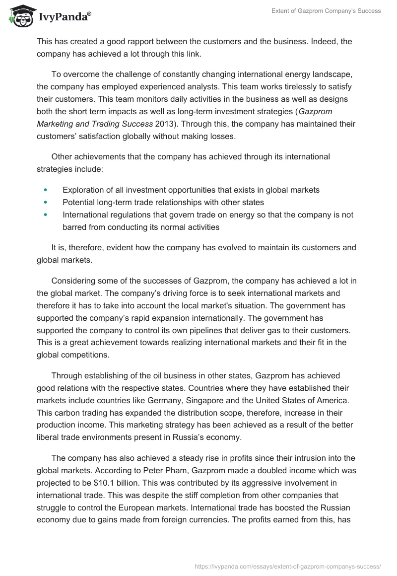Extent of Gazprom Company’s Success. Page 2
