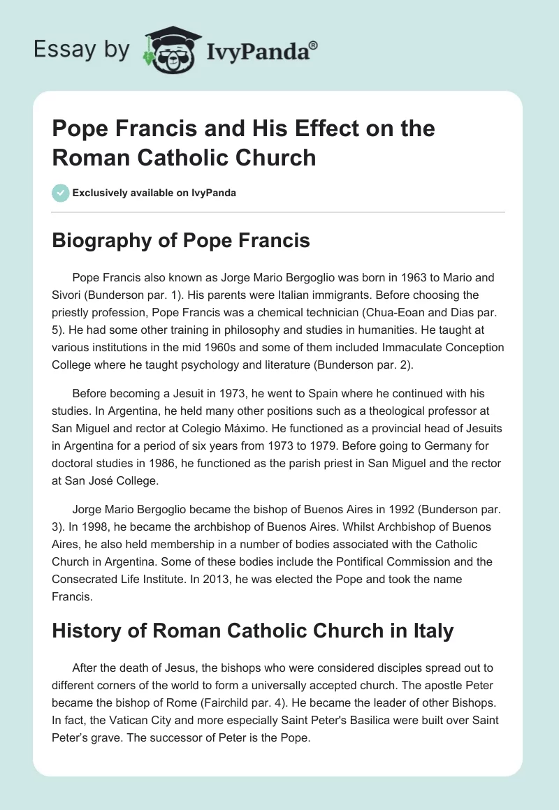 Pope Francis and His Effect on the Roman Catholic Church. Page 1