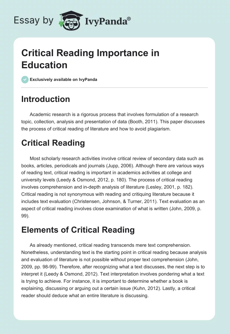 Critical Reading Importance in Education. Page 1