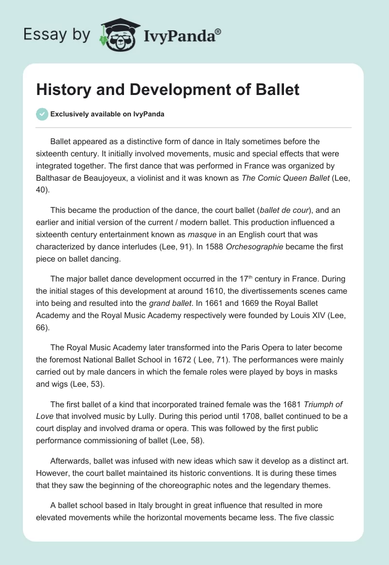 History and Development of Ballet. Page 1