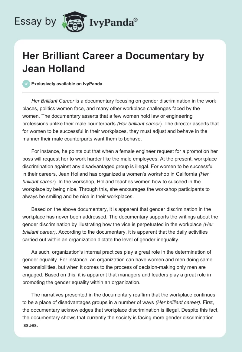 "Her Brilliant Career" a Documentary by Jean Holland. Page 1
