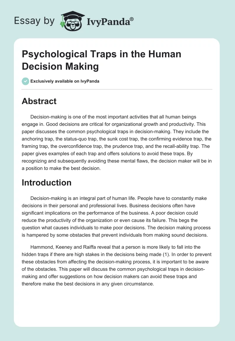 Psychological Traps in the Human Decision Making. Page 1