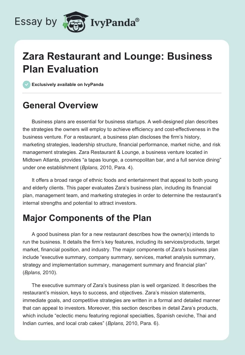 Zara Restaurant and Lounge: Business Plan Evaluation. Page 1