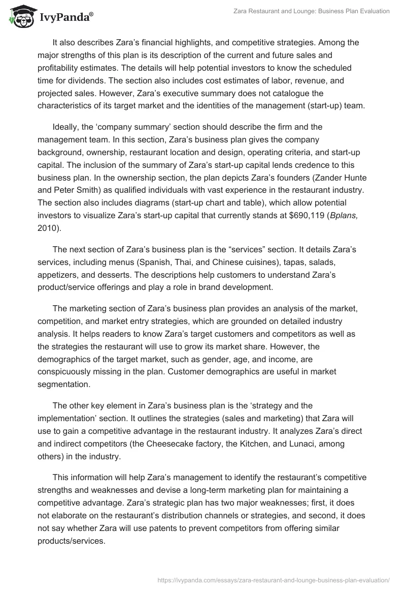 Zara Restaurant and Lounge: Business Plan Evaluation. Page 2