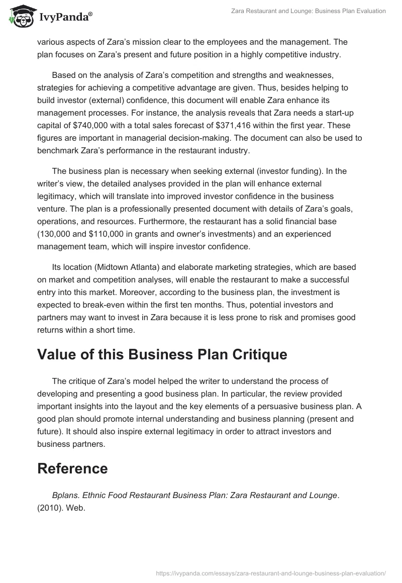 Zara Restaurant and Lounge: Business Plan Evaluation. Page 4