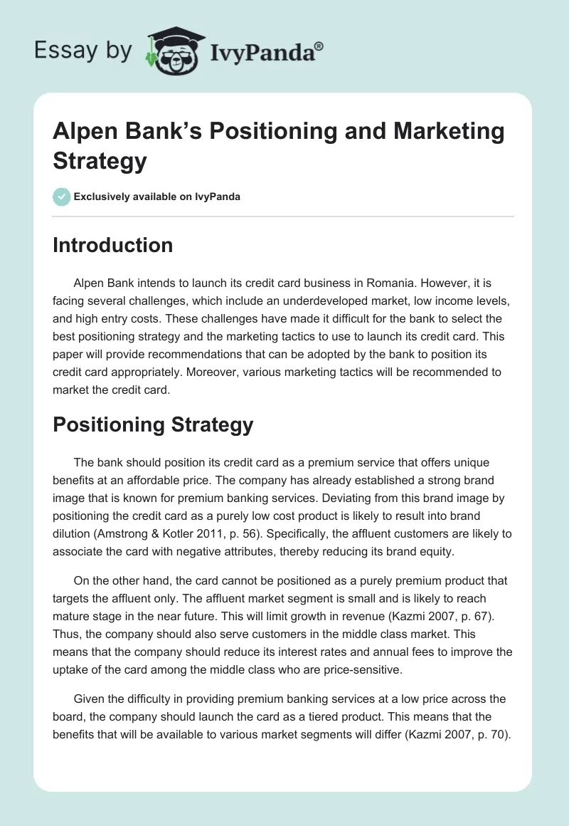 Alpen Bank’s Positioning and Marketing Strategy. Page 1