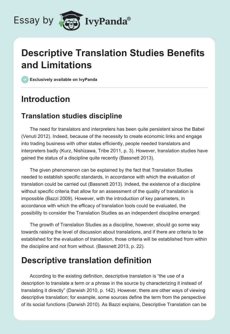Descriptive Translation Studies Benefits and Limitations. Page 1