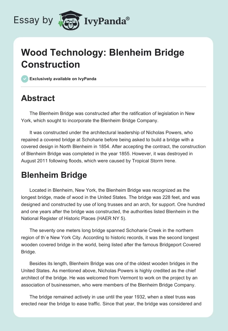 Wood Technology: Blenheim Bridge Construction. Page 1