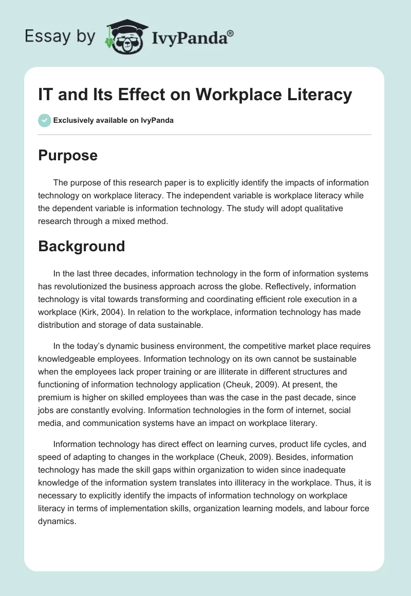 IT and Its Effect on Workplace Literacy. Page 1
