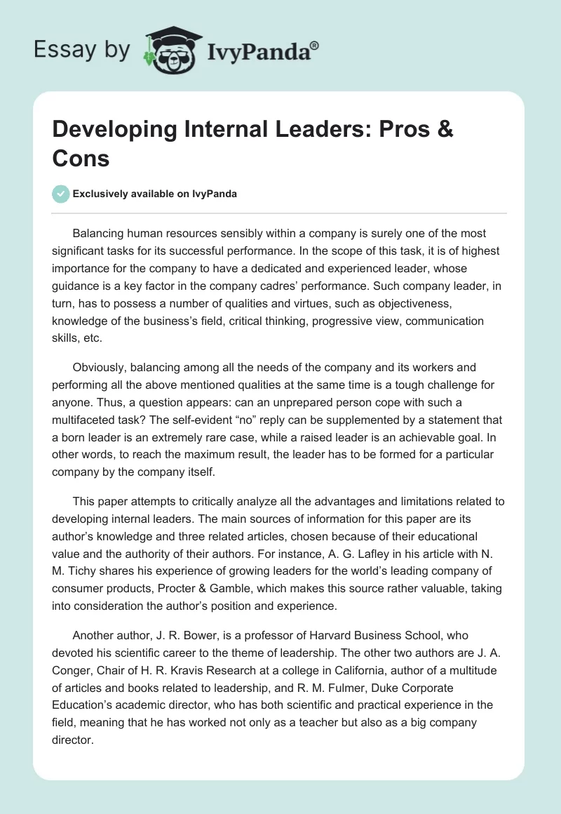 Developing Internal Leaders: Pros & Cons. Page 1