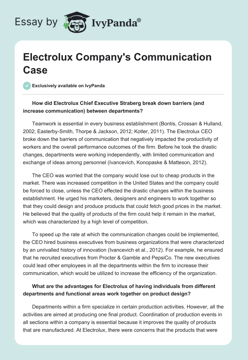 Electrolux Company's Communication Case. Page 1