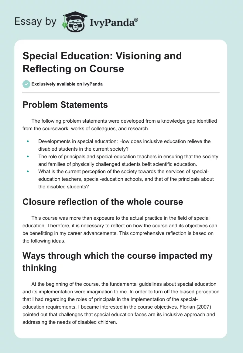 Special Education: Visioning and Reflecting on Course. Page 1