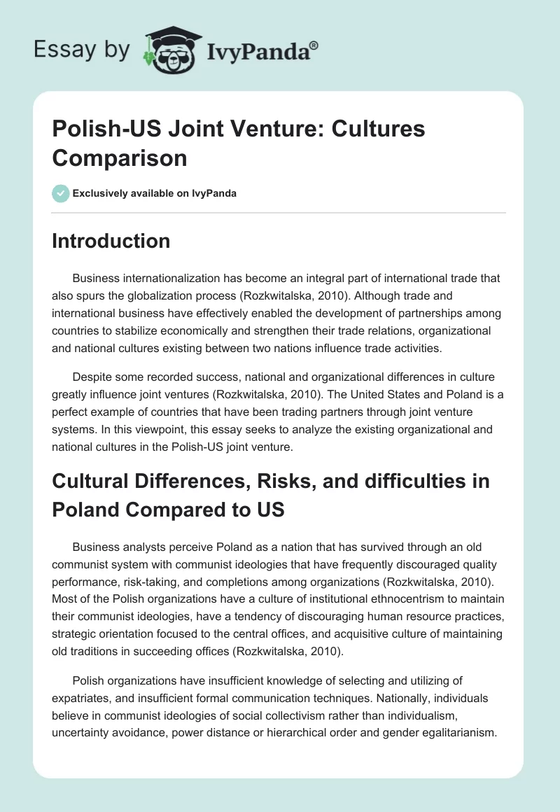 Polish-US Joint Venture: Cultures Comparison. Page 1
