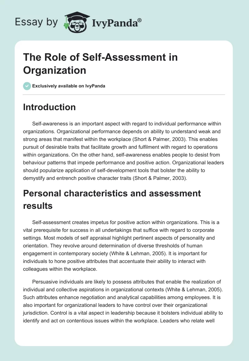 The Role of Self-Assessment in Organization. Page 1