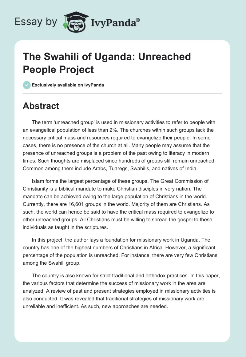 The Swahili of Uganda: Unreached People Project. Page 1