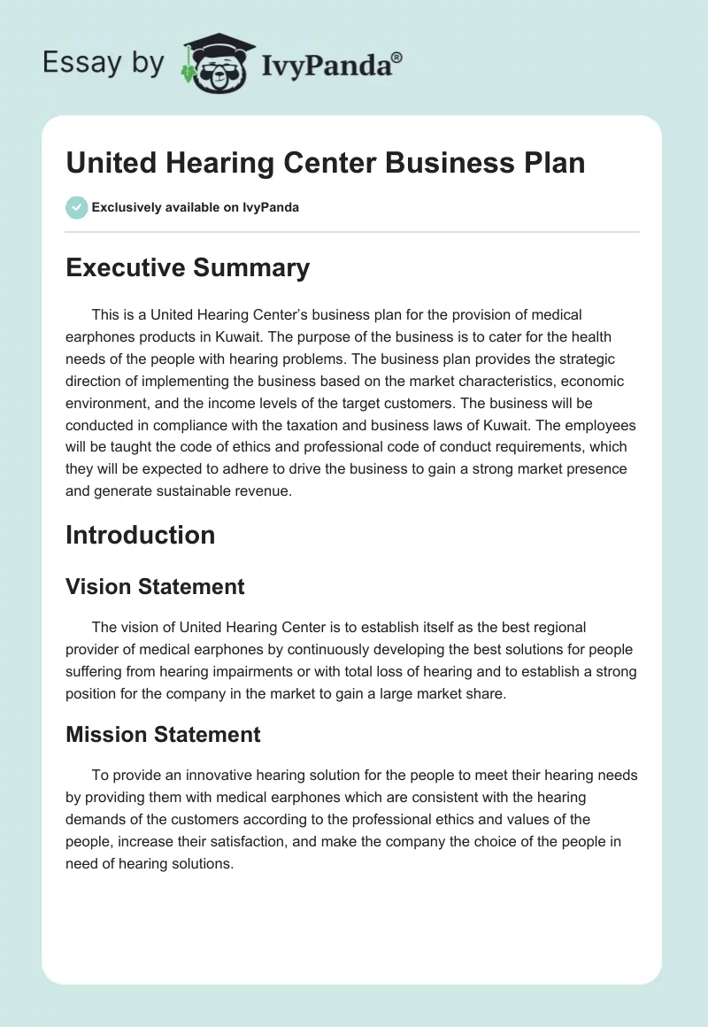 United Hearing Center Business Plan. Page 1
