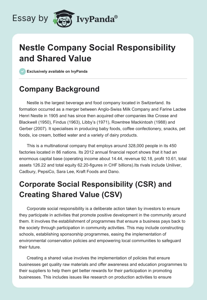 Nestle Company Social Responsibility and Shared Value. Page 1