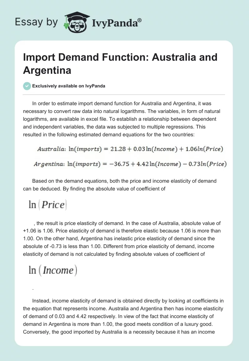 Import Demand Function: Australia and Argentina. Page 1