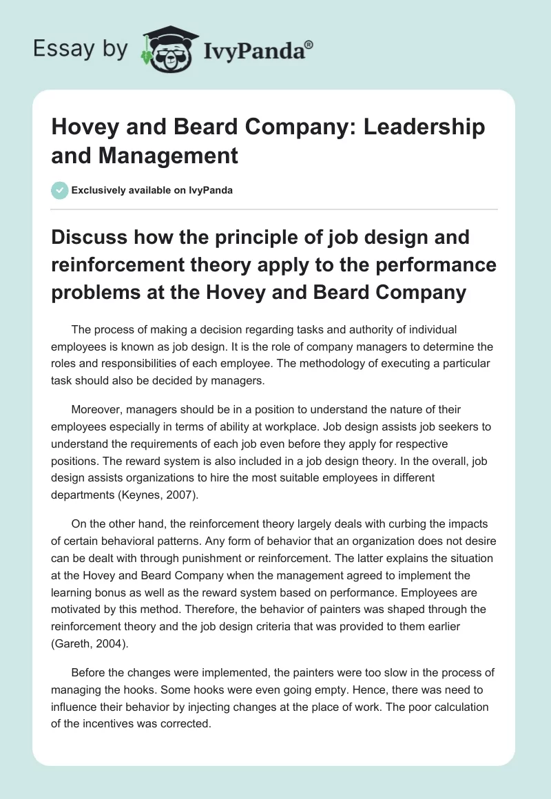 Hovey and Beard Company: Leadership and Management. Page 1