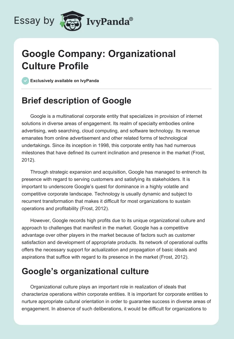 Google Company: Organizational Culture Profile. Page 1