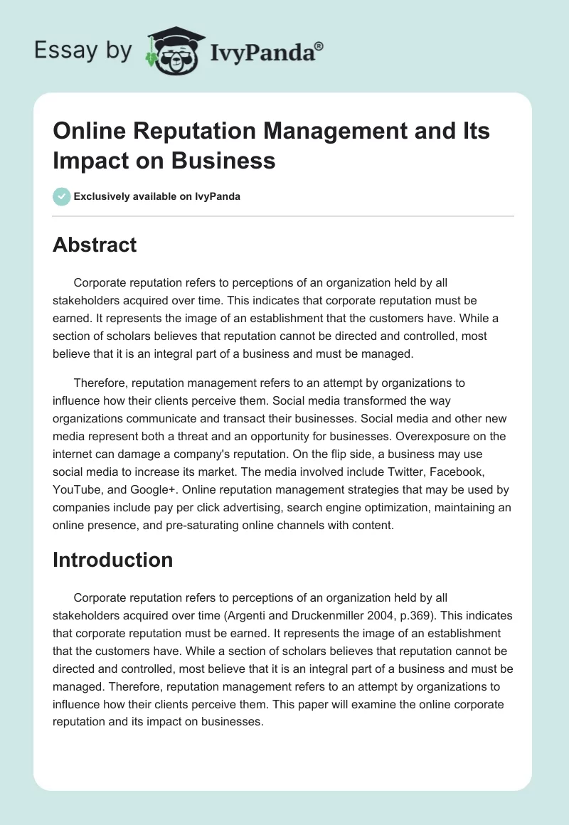 Online Reputation Management and Its Impact on Business. Page 1