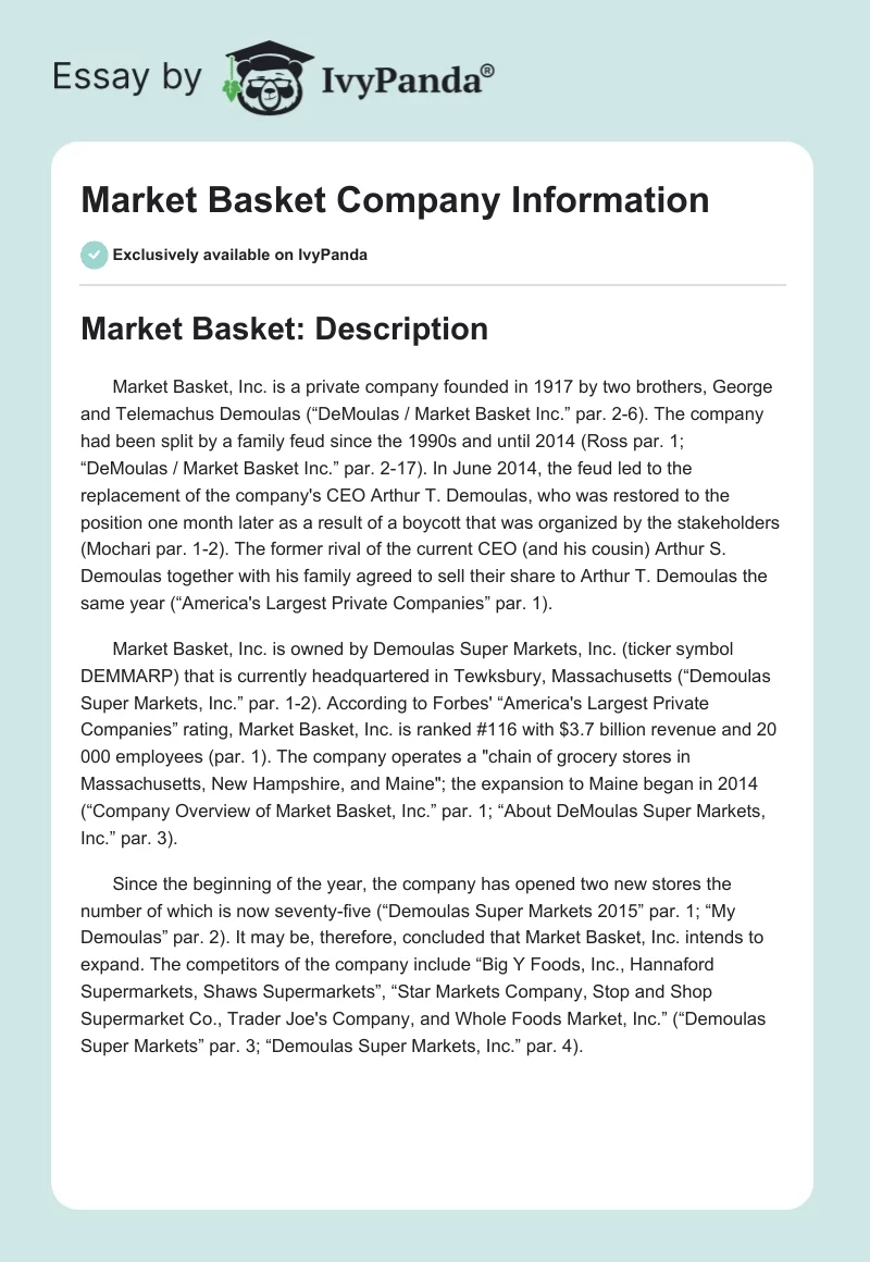 Market Basket Company Information. Page 1