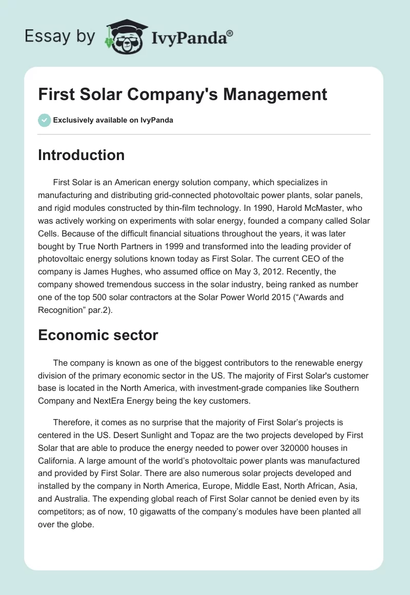 First Solar Company's Management. Page 1