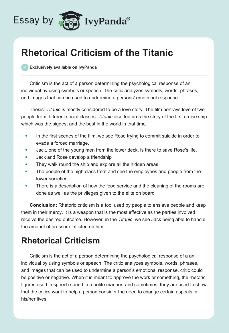 Rhetorical Criticism of the Titanic. Page 1